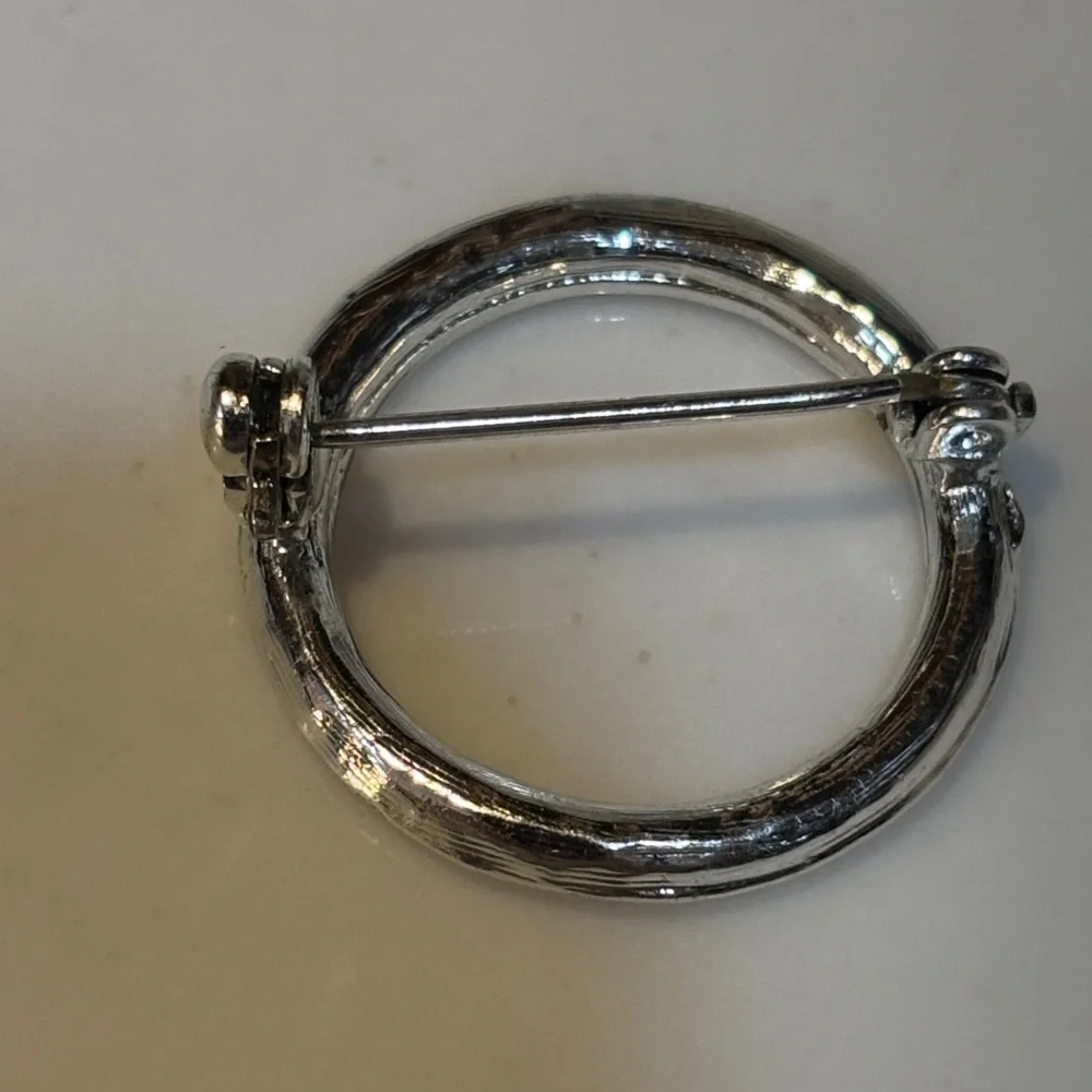 Vintage Open Circle Rhinestone Brooch Silver Tone Mid Century Minimalist